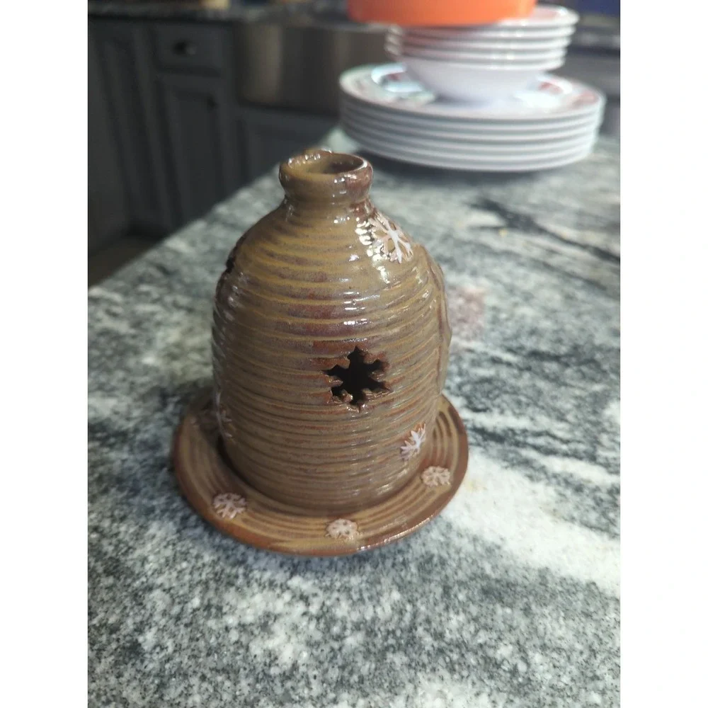Primitive  Vintage Honey & Me Beehive Pottery Snowman Jug & Saucer Candle Holder